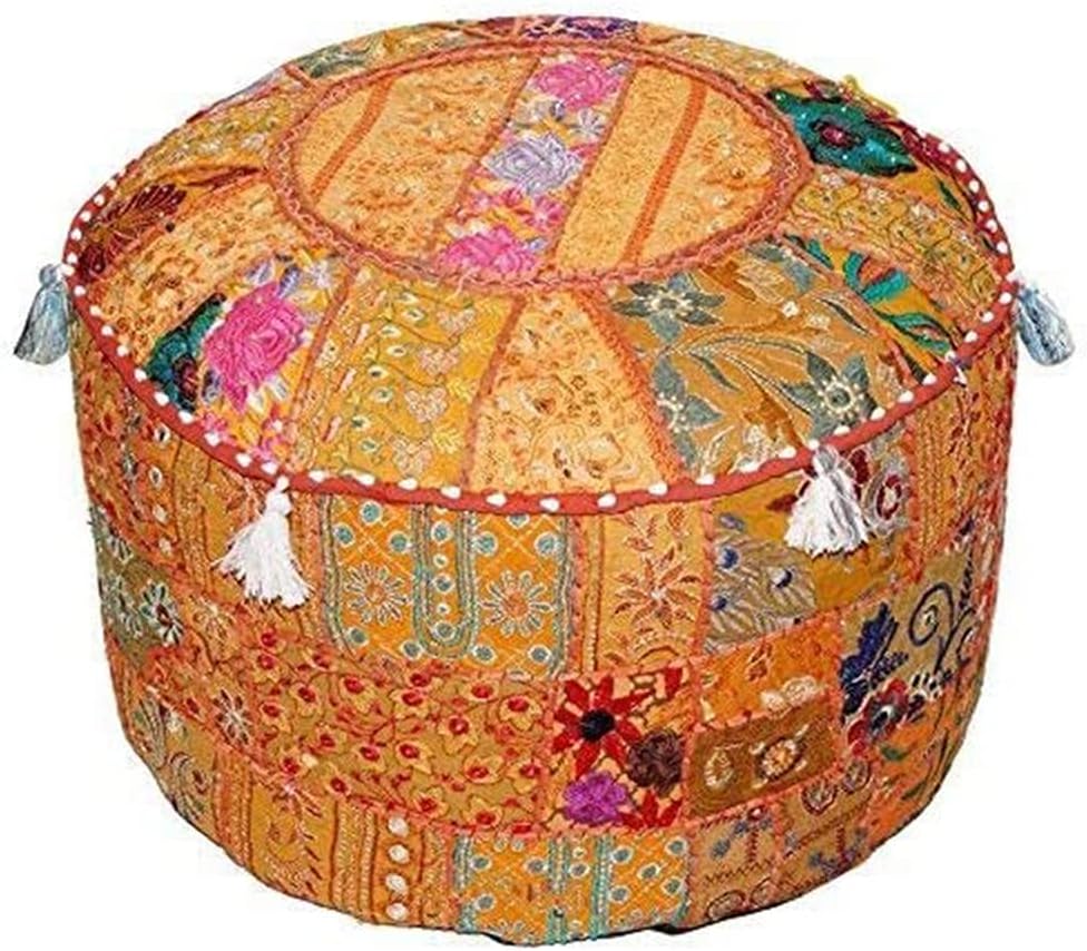Aakriti Gallery Indian Pouf Footstool Ethnic Embroidered Pouf Cover, Indian Cotton Round Pouffe Ottoman Pouf Cover Pillow Ethnic Decor Art - Cover Only (Orange, 22x14)