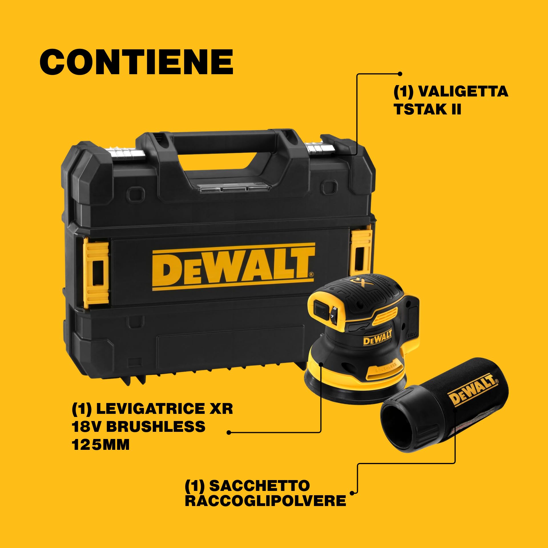 DEWALT Levigatrice Rotorbitale Brushless 18V XR, Platina 125mm, Regolazione Velocità, Impugnatura Ergonomica, Hook & Loop, Basse Vibrazioni, Interruttore Sigillato, Solo Corpo – DCW210NT-XJ
