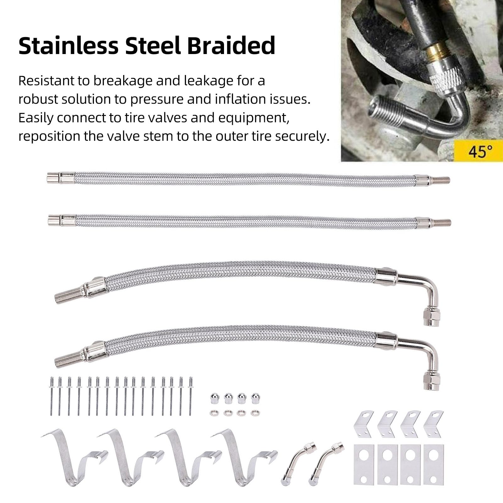 AMAKO Dually Valve Stem Extender Kit 16 19.5 Stainless Steel Braided, Leak Proof for Trucks RVs Trailers 4 Pack w Accessories