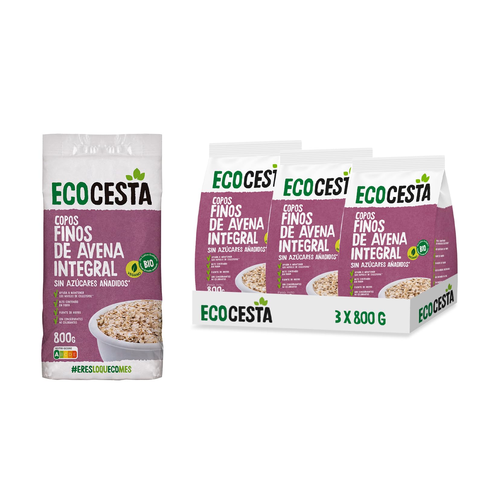 ECOCESTA MEJOR CADA DIA - Pack de 3 Unidades de Copos Suaves de Avena Integral Ecológica de 800g - Sin Azúcar Añadido - Alto Contenido en Fibra y Proteínas - Cereales de Desayuno