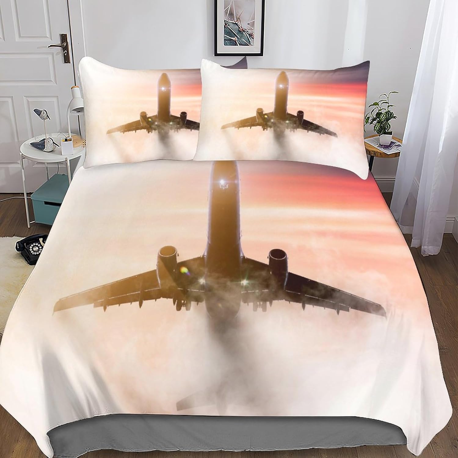 Parure de lit 155x220 cm adulte housse de couette avion infroissable pour lit 1 ou 2 personnes