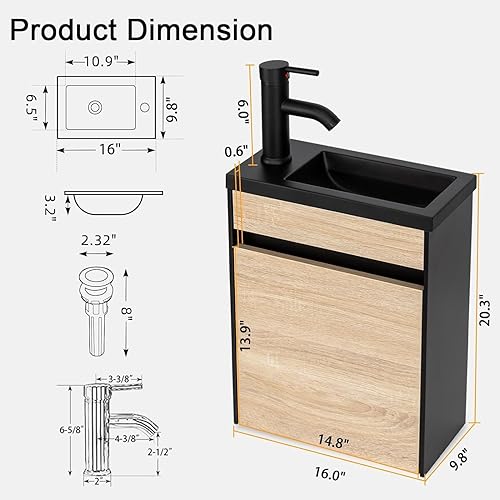Miniatura 9 de UEV Tocador de baño pequeño de 16 pulgadas montado en la pared, blanco y negro mezclado con fregadero de cerámica, juego de tocador de baño y
