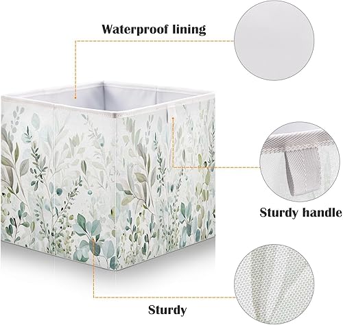 Miniatura 4 de Kigai Cubos de almacenamiento de hojas verdes  11 x 11 x 11 pulgadas, cubos plegables grandes, cesta organizadora de almacenamiento para oficina en