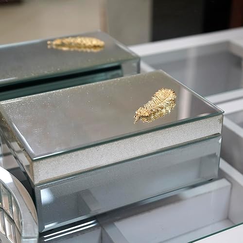 Miniatura 6 de Caja de joyería de madera de cristal espejo, Organizador de lujo titular antiguo impresionante cajón, Caja grande con terciopelo interior, Regalos