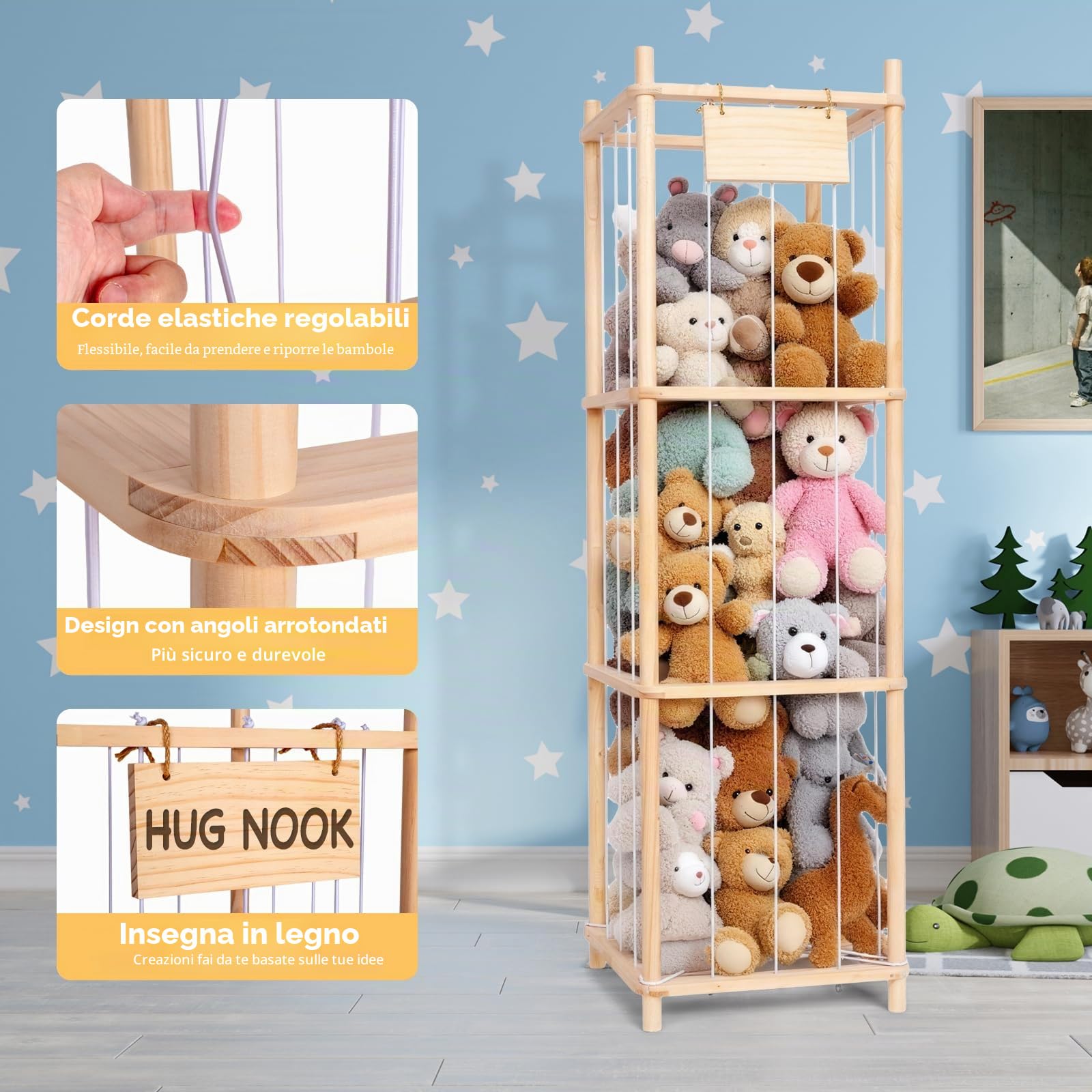 Porta Peluche Verticale, Contenitore per Animali di Peluches Salvaspazio, Porta Giochi Contenitori in Legno, Organizer per Giocattoli di Peluche per Stanza da Gioco per Camera da Letto, Casa