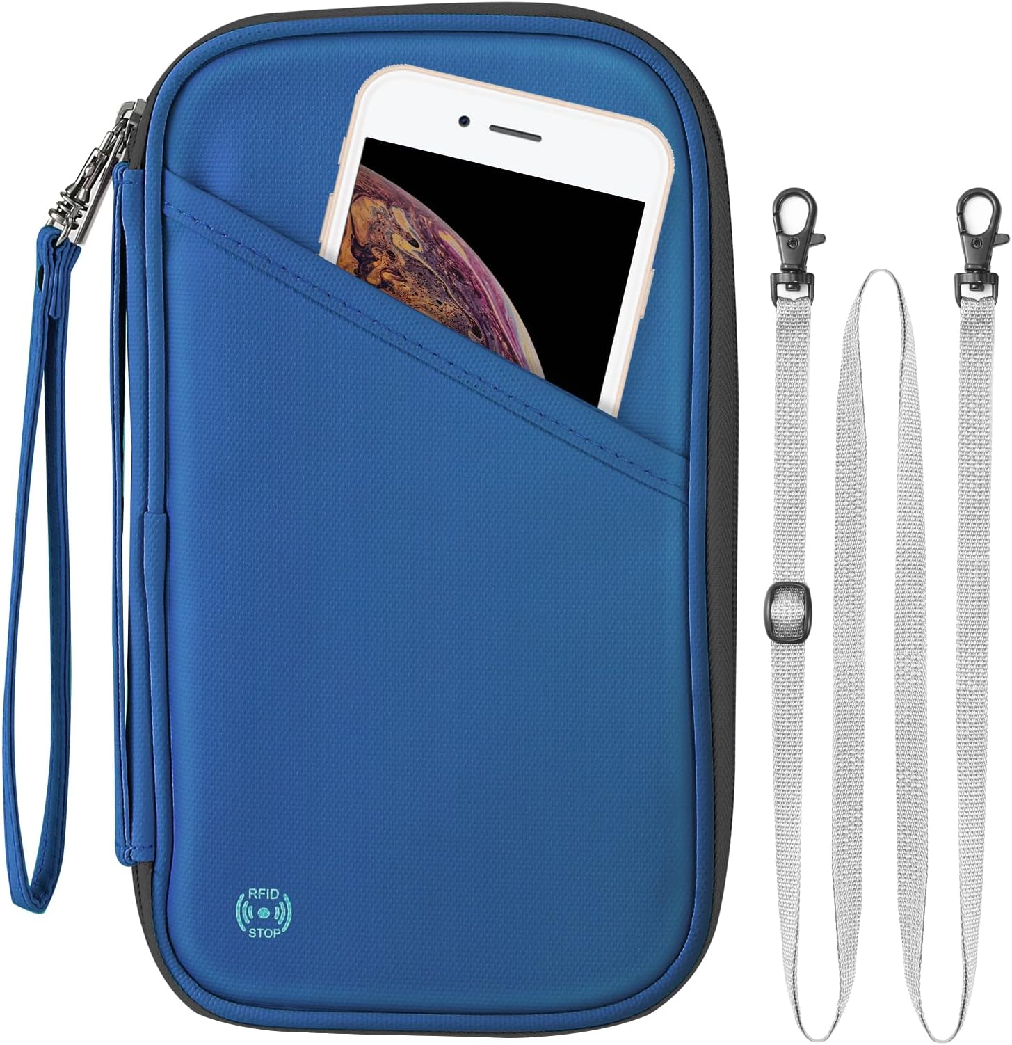 P TRAVEL · DESIGNRFID Passport Holder for Family - Large Travel Wallet Holder with Zipper Pocket, Lightweight Portable Document Organizer Passport Card Cover, Blue