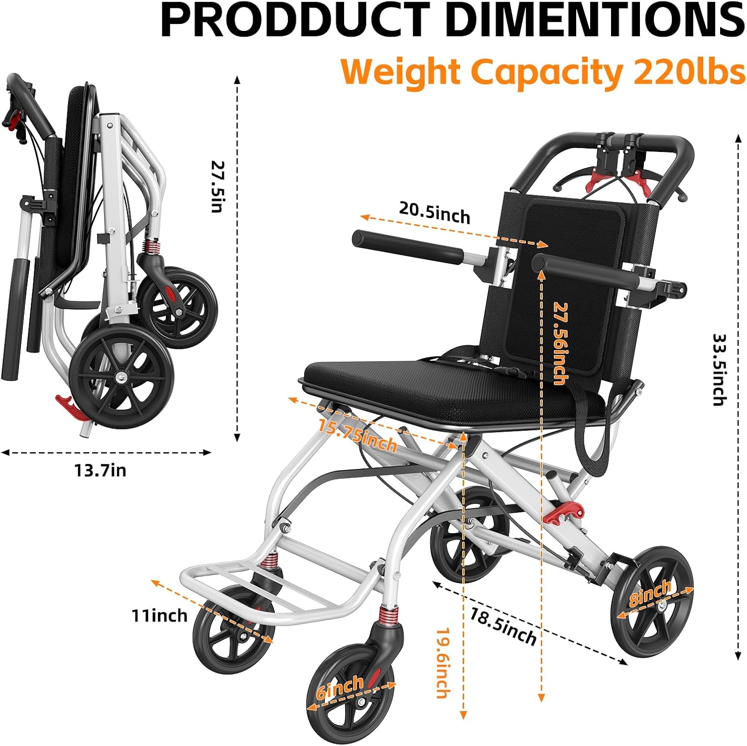 lightweight foldable transport wheelchair, portable travel wheelchair with handbrake for adults & seniors, easy-fold design & secure locking brakes transfer wheelchairs (white)