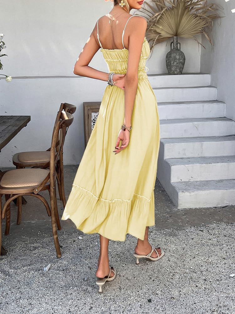 Women Summer Maxi Dress Spaghetti Strap Y2k Cute Ruffle Tiered Wedding Guest Flowy Dress Vacation Cruise Resort Outfit4