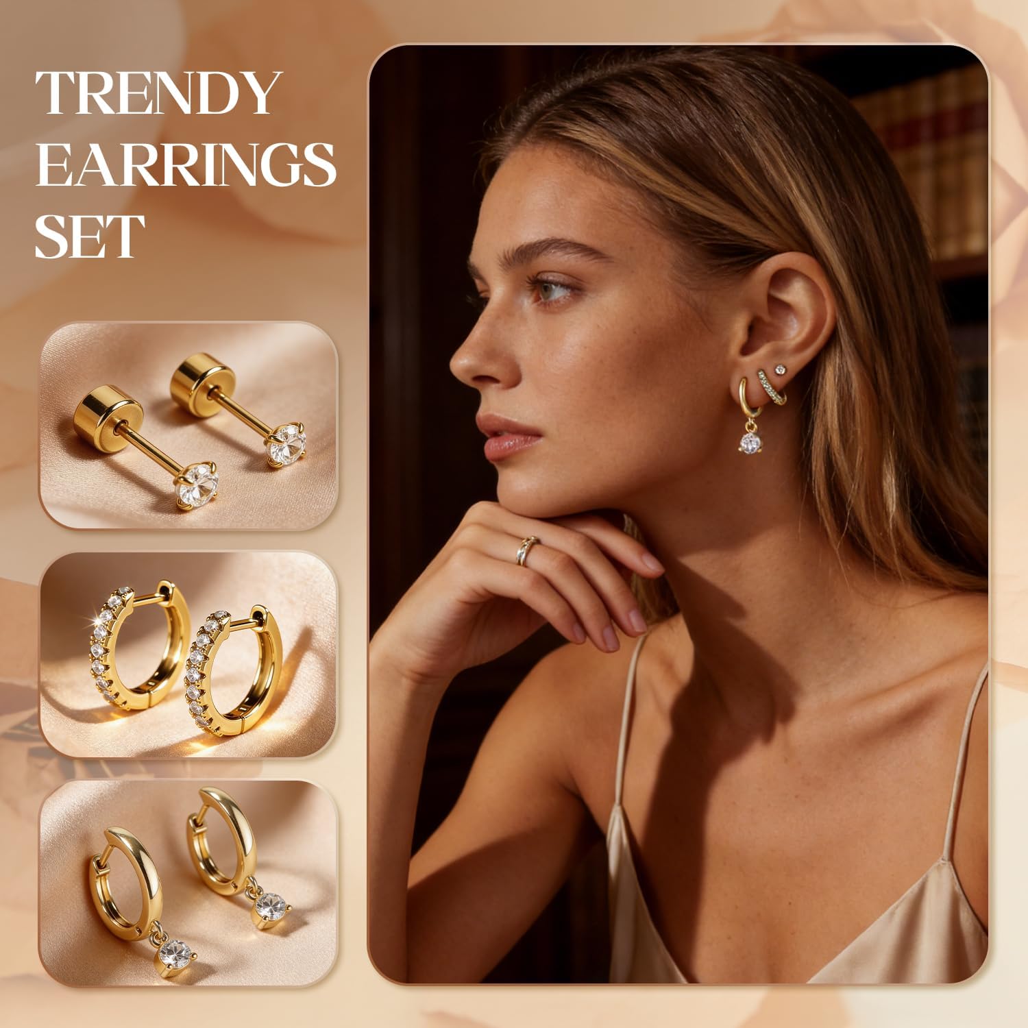 SPORCLO Gold Earrings for Women Hypoallergenic 14K Gold Plated 3 Pairs Huggie Dangle Hoop Earrings Set Surgical Steel Cubic Zirconia Stud Earring Cartilage Piercing Jewelry - Image 3