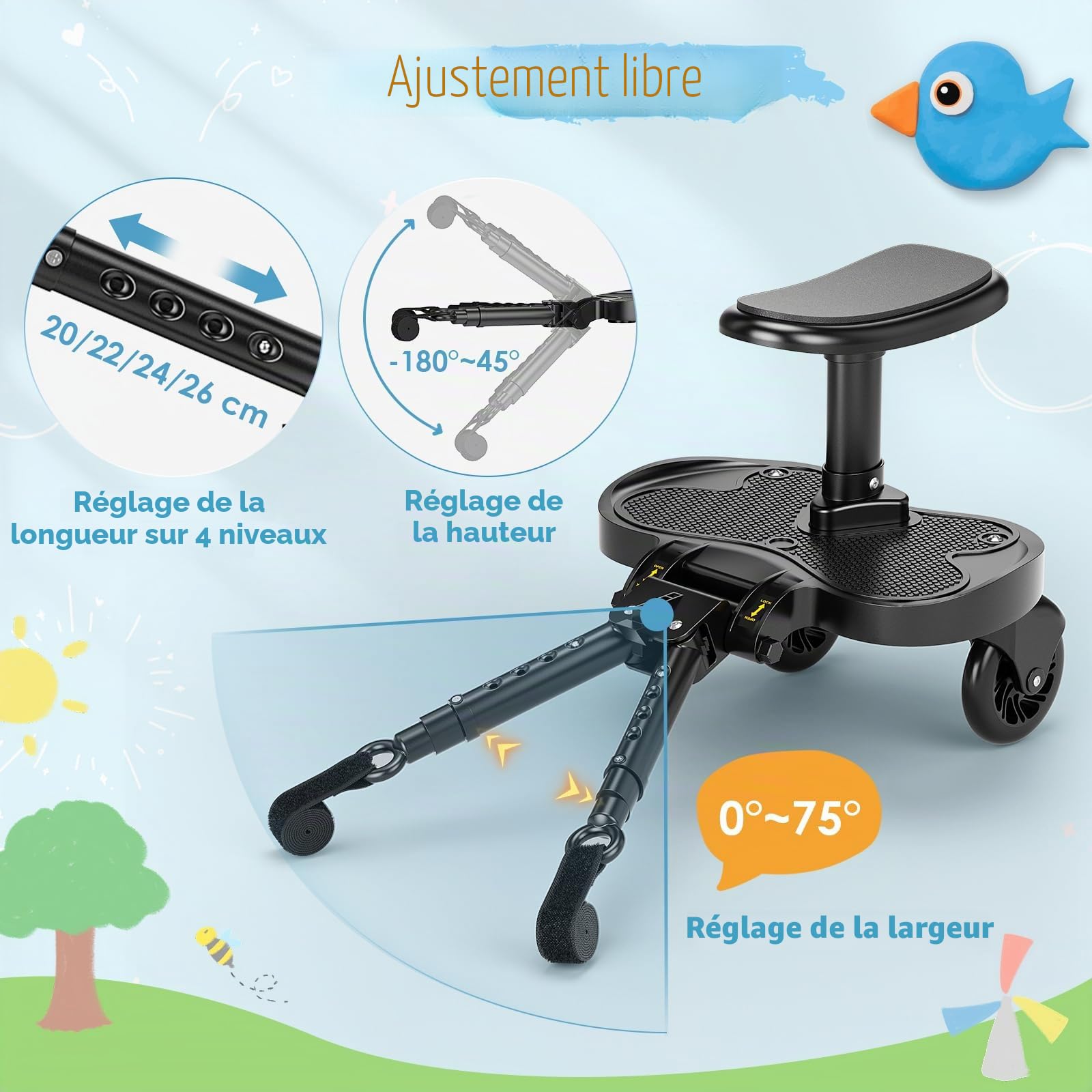 Planche Poussette Universelle,Skate Poussette Universelle, Portable Kiddy Boards,avec Sangle de Suspension,Rotation à 360,Planches à Roulettes pour bébé pour Enfants de 2 à 6 Ans (25kg)