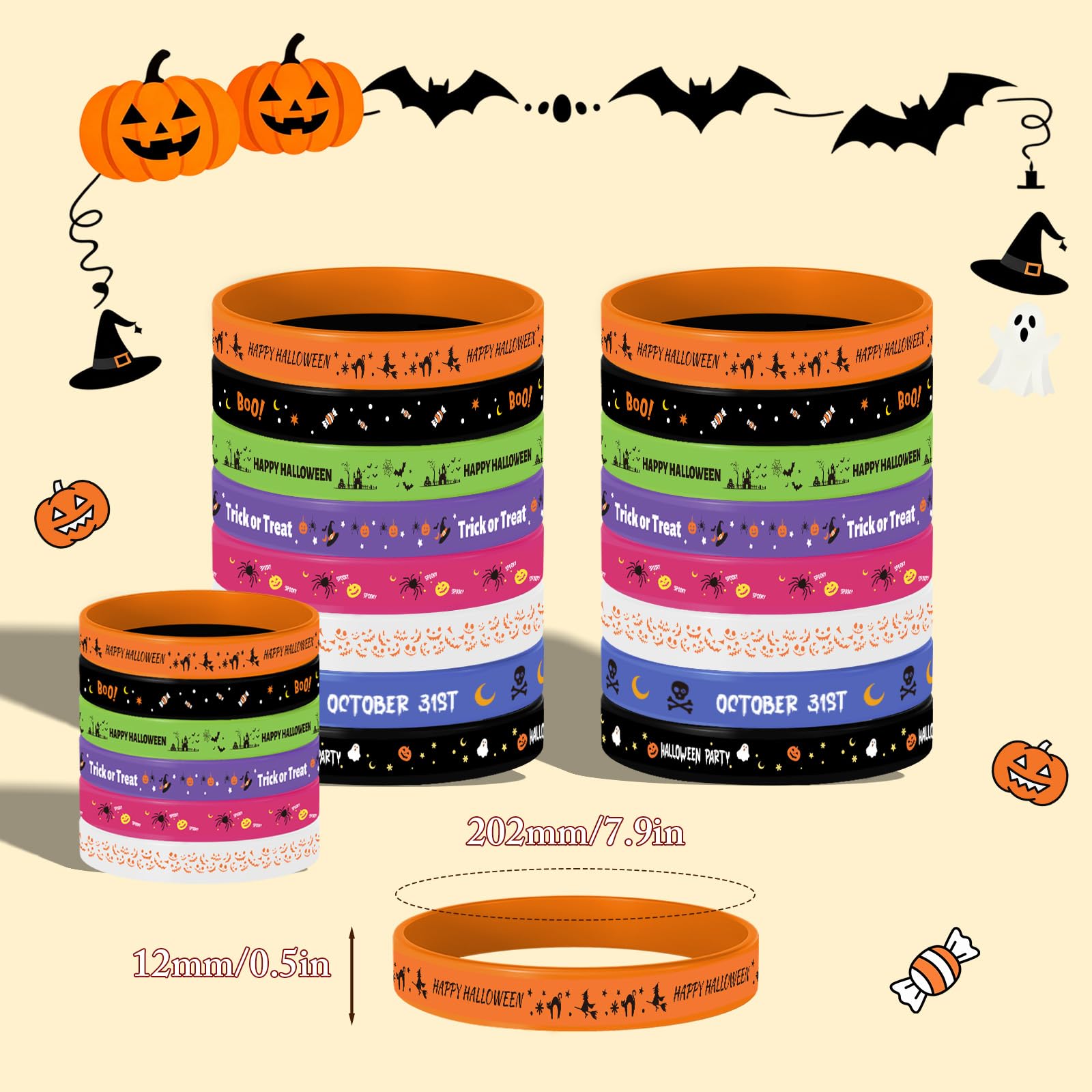 MATEPLUS 24Pcs Halloween Party Favors Rubber Bracelets Halloween Silicone Wristbands Treat Trick or Treat Gifts Goodie Bag Stuffers (8 Designs) - Image 2
