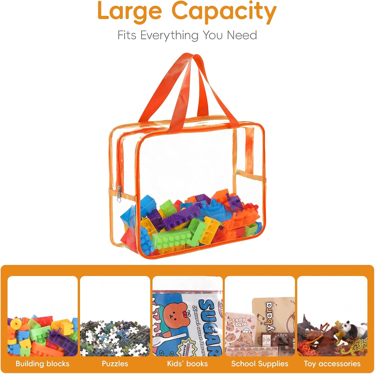 9 Packs Large Toy Storage Bags,Kids Toy Organizer with Zipper and Lables,Clear PVC Board Game Storage,Kids Organizer Bags for Building Blocks,Puzzle,Books...(9 Colors)
