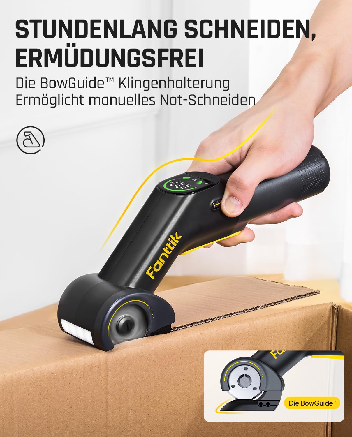 Fanttik C10 Pro BowGuide Elektrischer Kartonschneider, Kalbellose Schere mit LED Anzeige, 2-Geschwindigkeiten, Wiederaufladbarer Rotationsschneider mit Klingen für Stoff, Teppich, Leder, Karton