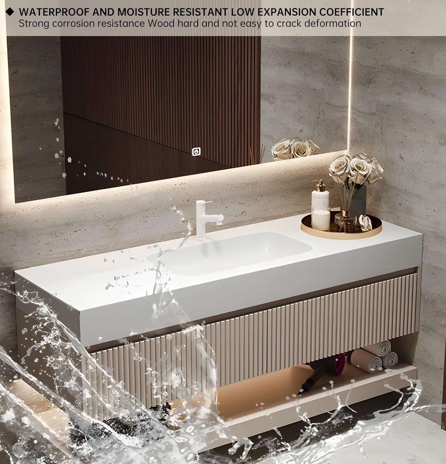 36" Bathroom Vanity Cabinet, Single Sink Bathroom Vanity with LED Smart Defog Mirror & One-Piece Sink, Modern Bathroom Vanities with Striped Drawers & Slate Countertop