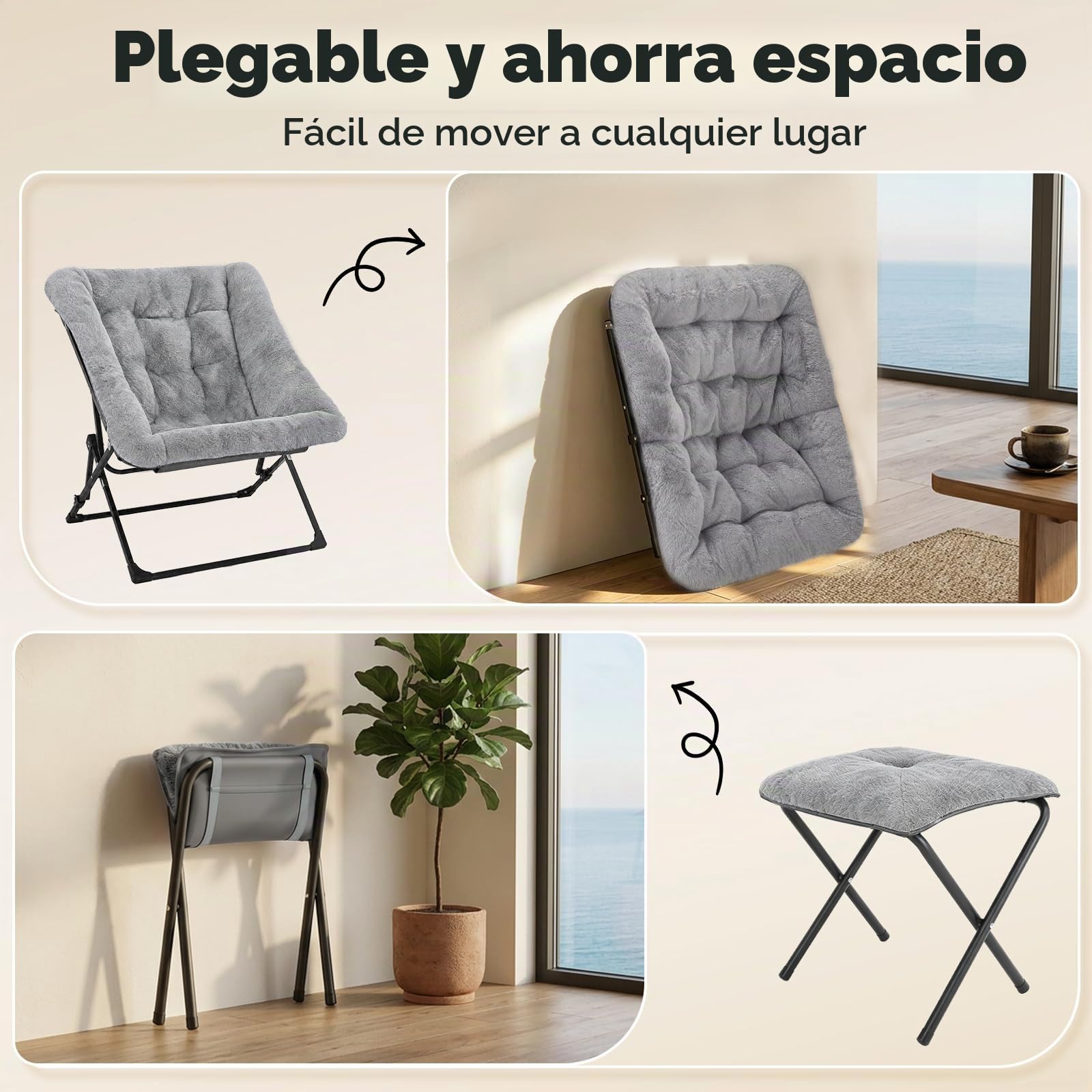 Sillón plegable con reposapiés de 150 kg, forro polar, color gris