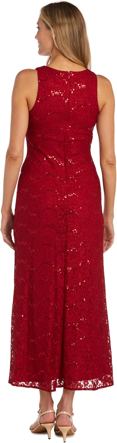 Nightway Women's Long Glitter Lace Dress W/Scalloped V-Neck & Side Slit - Image 2