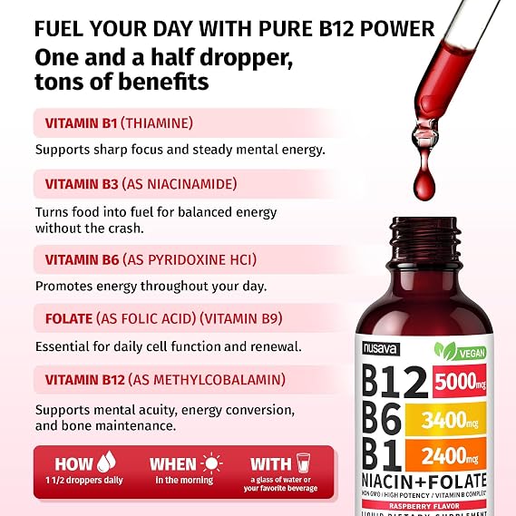 NUSAVA Vitamin B12 Liquid Drops and Strawberry Flavored D3 K2 Bundle Daily Wellness Liquid Vitamins for Energy & Immune Support Non-GMO, Gluten-Free, 2pk Each