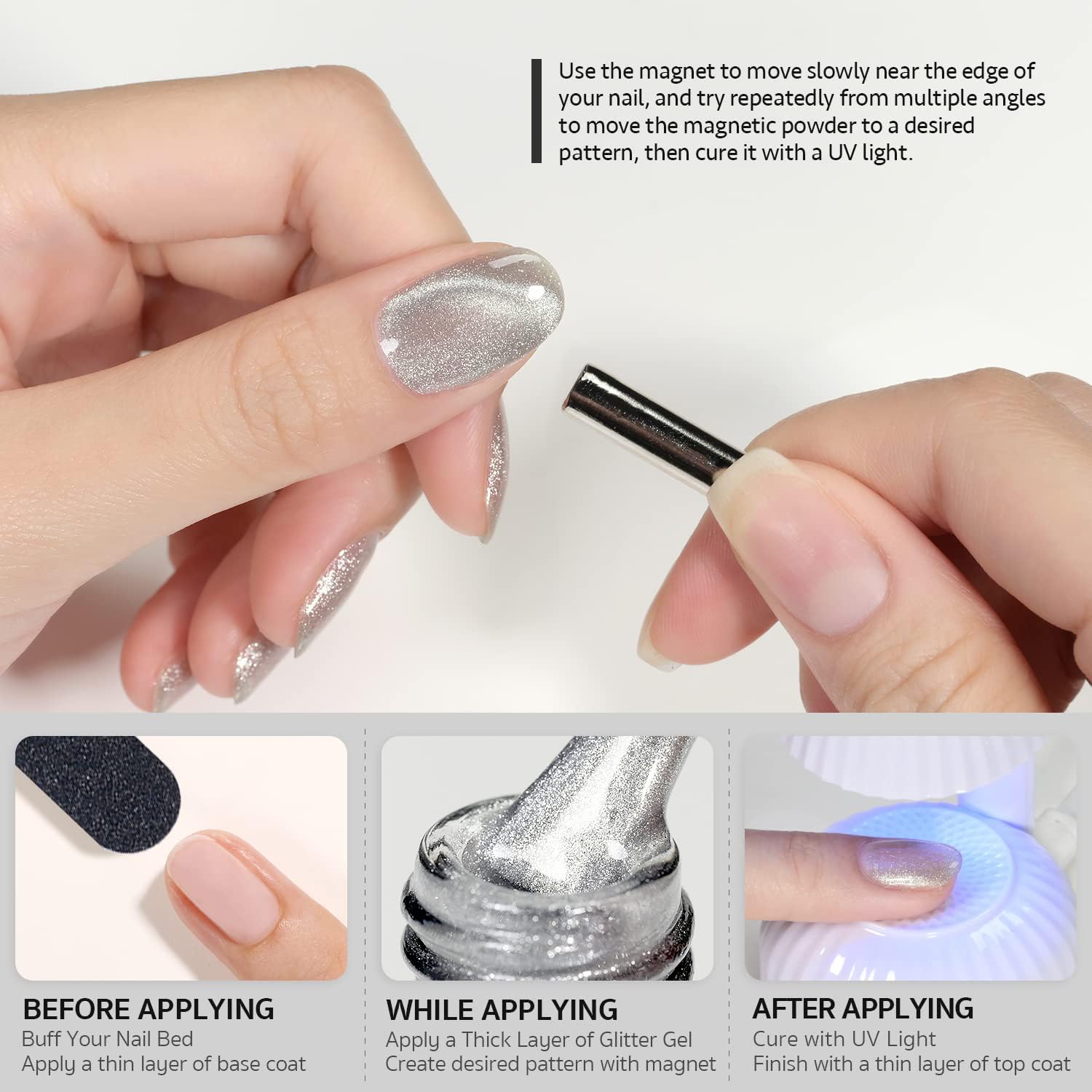 Vishine Vernis Gel Effet Œil de Chat – 16ml Gel Magnétique Holographique Pailleté, Gel UV Réfléchissant Translucide pour Nail Art, Poussière d’Argent (H003)