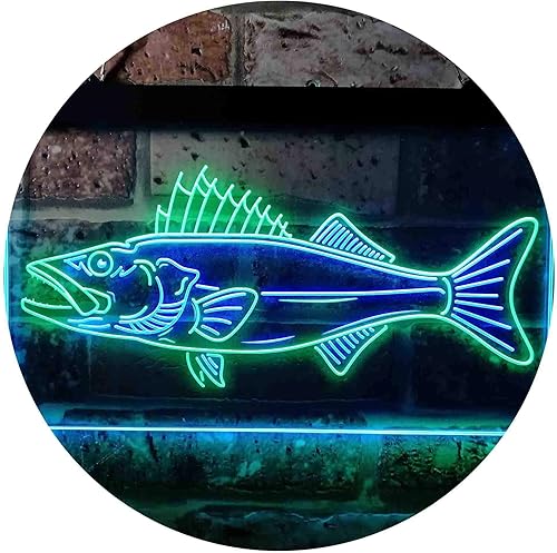 ADVPRO Walleye Fish Camp Man Cave - Letrero de neón LED de doble color, verde y azul, 24 x 16 pulgadas st6s64-i3732-gb