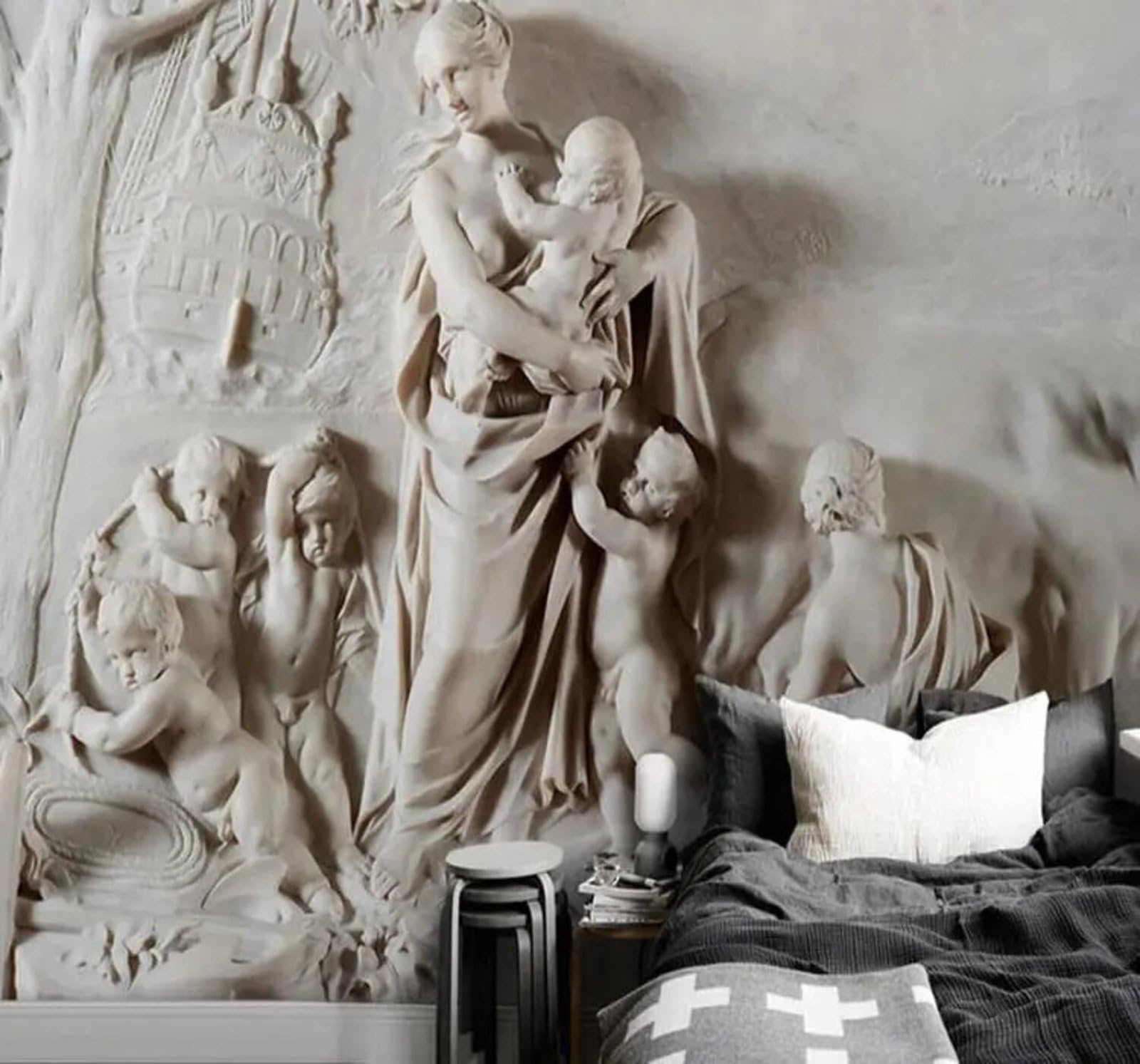Wallpaper-3D-Xlm 350Cm×256Cm(B×H) Vintage Relief Cherubs Figures Art 3D Wallpaper Easy Install Feature Office Living Room Sofa Bedroom Tv Background Wall Decoration-350Cm×256Cm