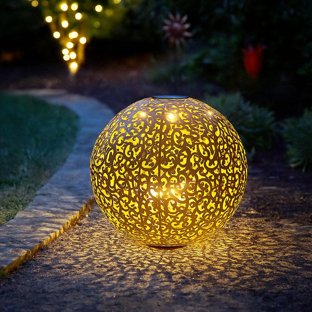LED Solar Außenlampe Kugel Steckleuchte Metall rostfarben Gartenleuchte Wegelampe Gartendeko, Kugel orientalisch Solarlampe, warmweiß 3000K, Höhe 50 cm