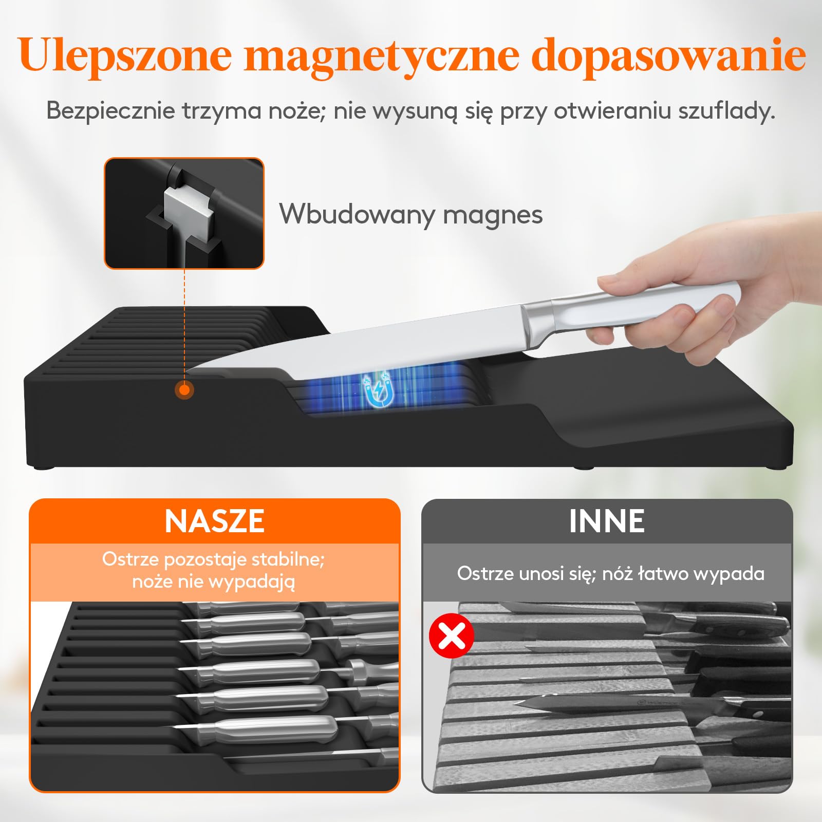 Lifewit Magnetyczna wkładka nożowa, szuflada na 12 noży, czarna | Organizer na noże pusty z tworzywa sztucznego z antypoślizgowym dnem, duża wkładka na noże do szuflady, 42 x 23 x 5 cm