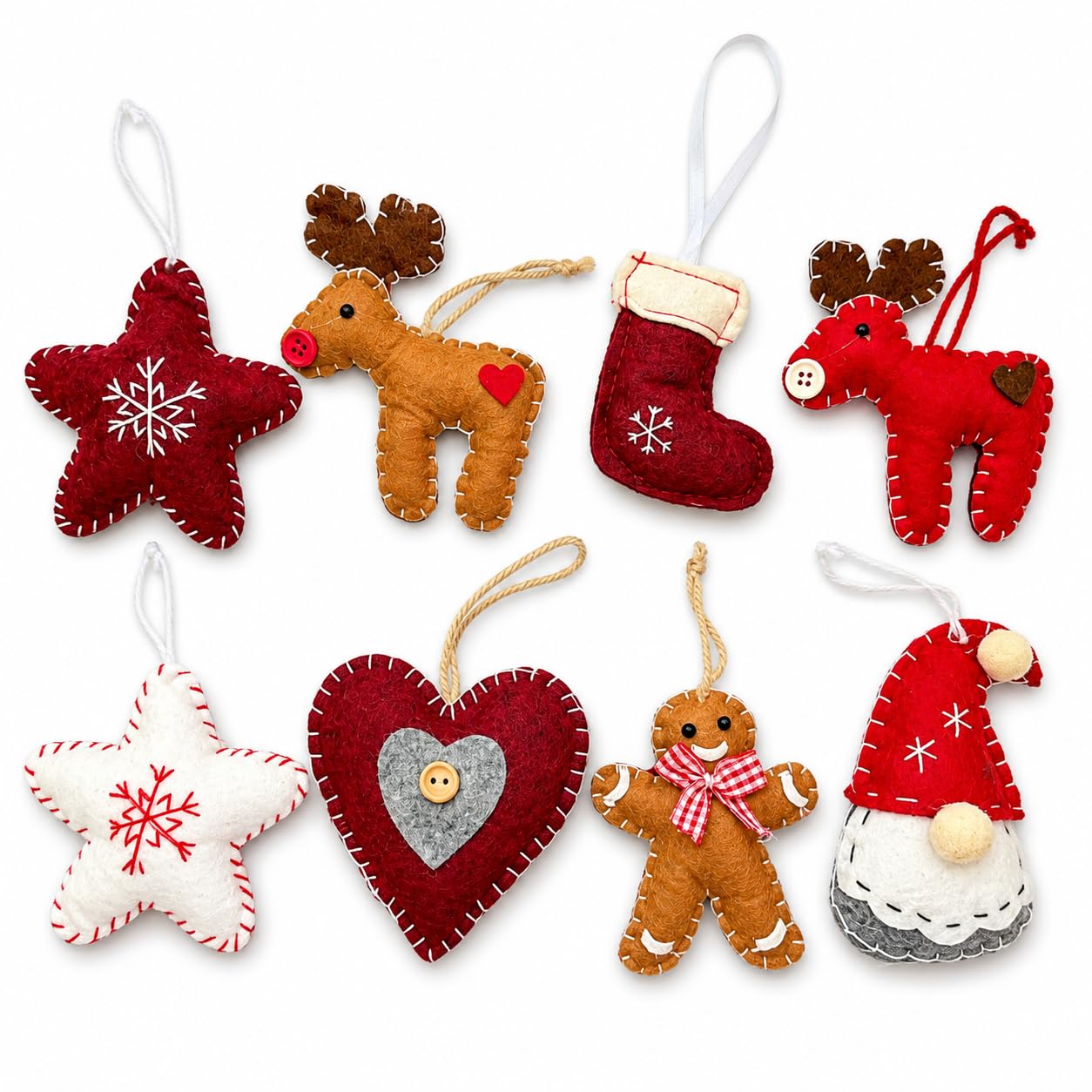 Felt Christmas Tree Decorations Handmade Scandi Ornaments 8 Pack