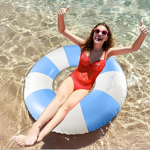 Miniatura 7 de Flotadores clásicos de piscina a rayas con asa, tubos inflables de rayas azules y blancas para anillos de natación grandes flotantes para adultos,