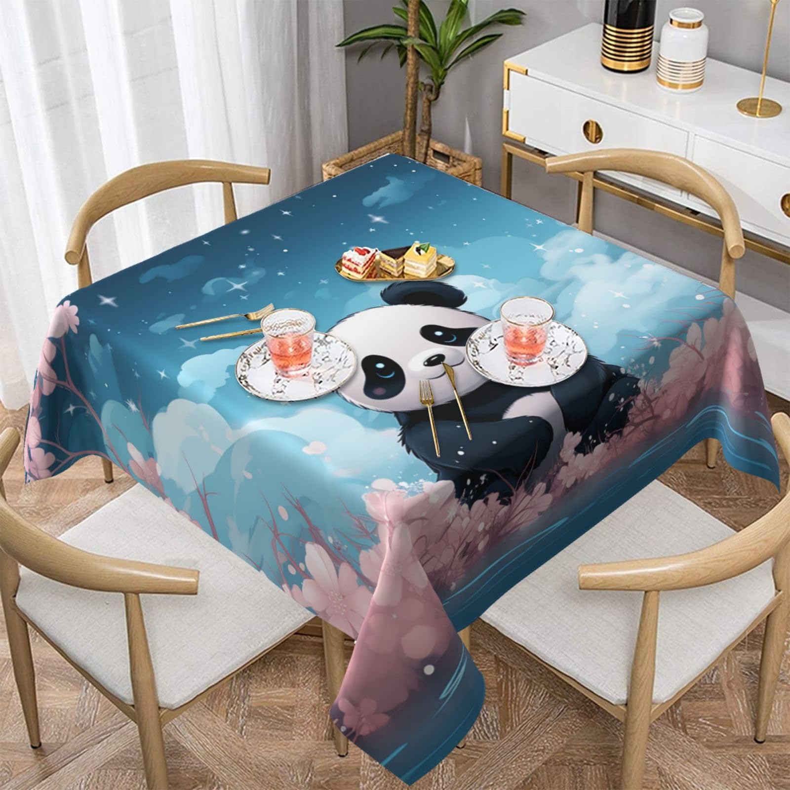 Nappe de cuisine panda carrée 152x152 lavable infroissable pour table intérieur extérieur