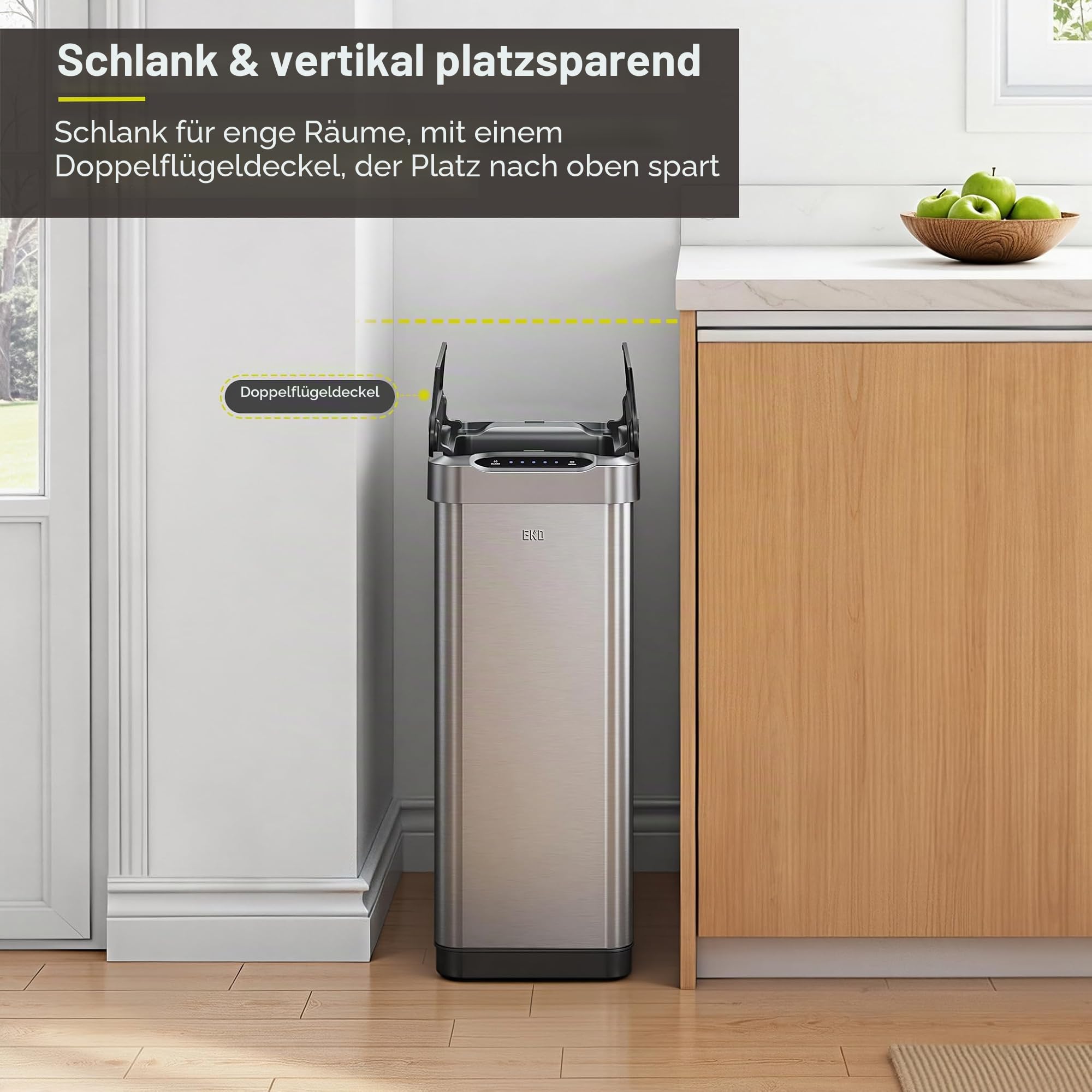 EKO Phantom-T Mülleimer mit vertikalem Bewegungssensor, 50 l, gebürstetes Edelstahl-Finish