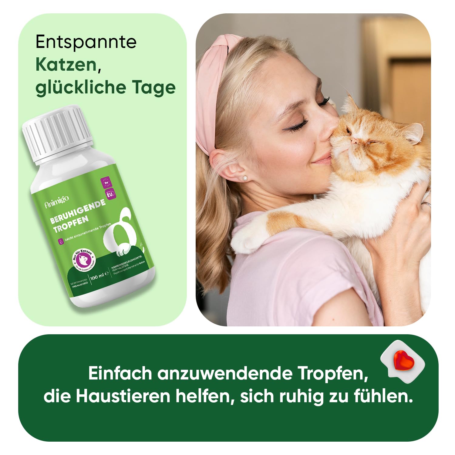 animigo Beruhigungsmittel für Katzen - 100 ml Entspannung Tropfen mit Zink, L-Tryptophan, Vitamin B3, B6, D3 & E - Bei Feuerwerk, Gewitter, Angst, Nervosität