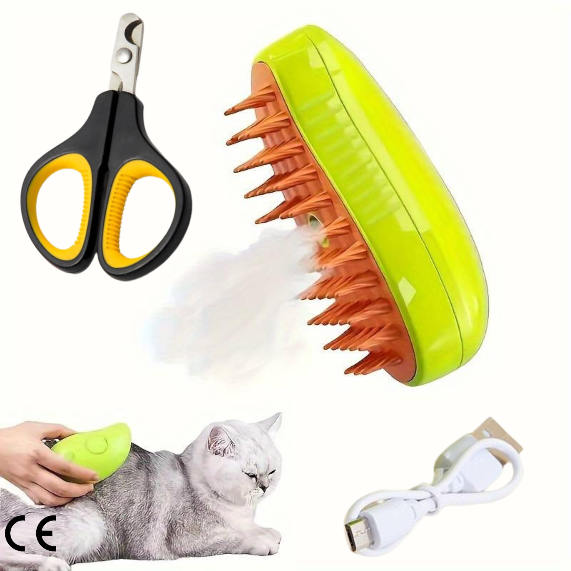 Cepillo a Vapor para Mascotas 3 en 1 - Incluye Tijera Corta Uñas - Cepillo con Vapor para Gatos - Cepillado Suave y Eficiente - Cepillo para Gatos Vapor - efecto masaje - Cepillo Vapor Perro