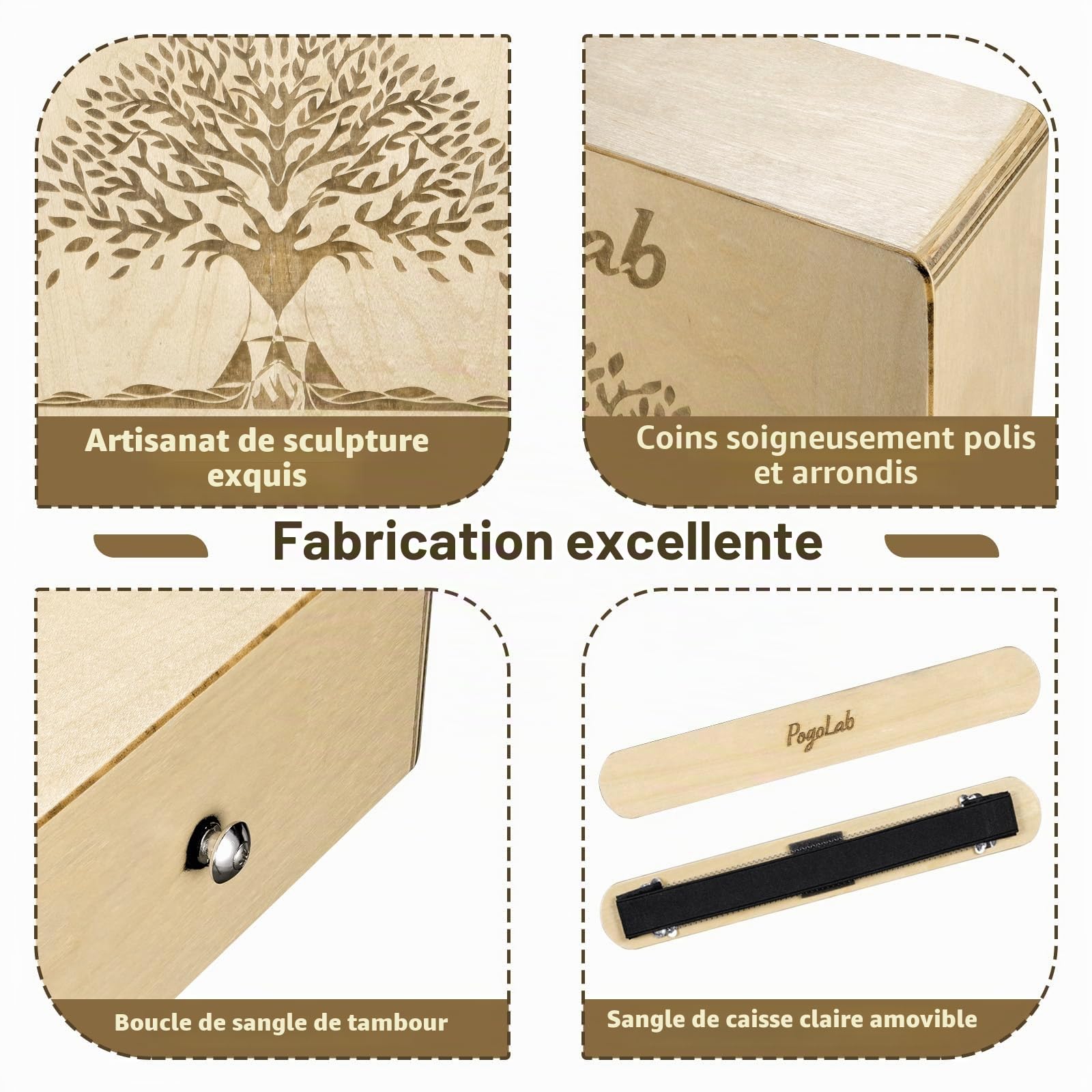 POGOLAB Cajon de voyage multi-tons, cajon box drum portable avec sac de transport et sangle, cahon en bouleau avec motif artisanal, instrument de percussions cadeau pour débutant