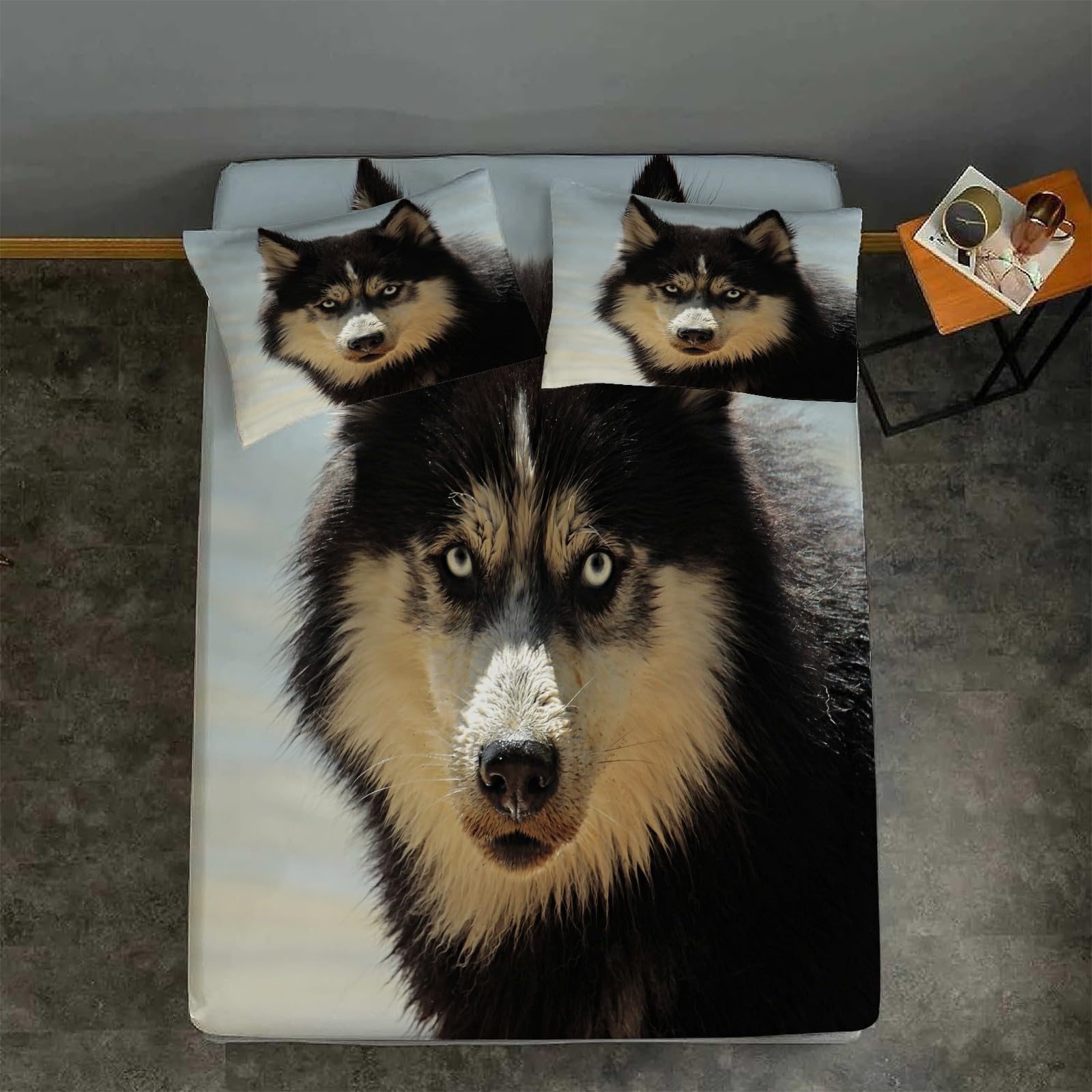 ABAKUHAUS Alaskan Malamute Tappeto da Parete e Copriletto, Husky on Snow, Colori Che Non sbiadisce, 140 x 230 cm, Nero Bianco Pale Blue