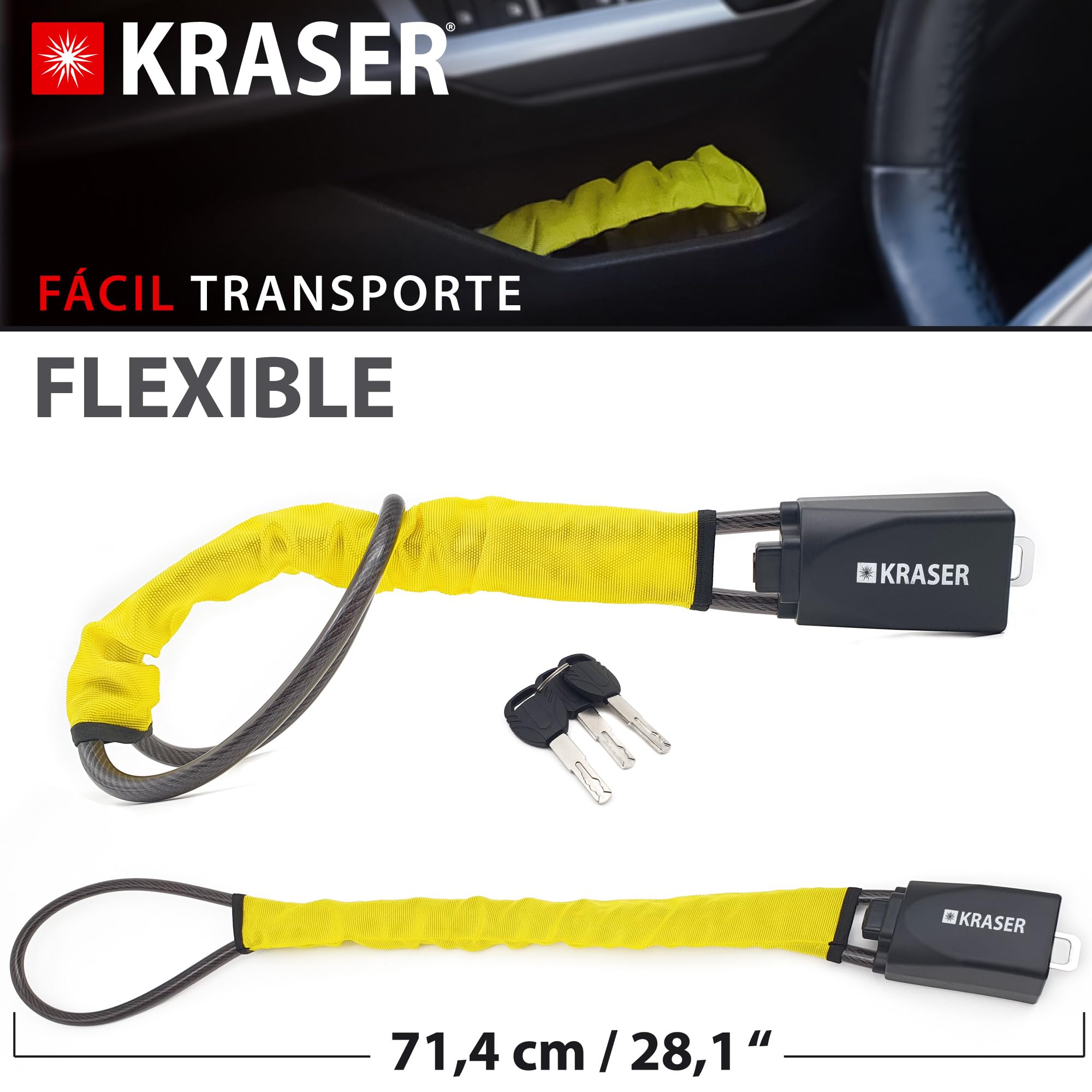 KRASER KR882Y Antirrobo Coche Mejorado, Bloqueo Volante Cinturón Más Robusto, Cerradura Antitaladro Alta Seguridad, Cable de Acero Más Flexible, Visible y Disuasorio, Cepo Auto Universal SUV Furgoneta