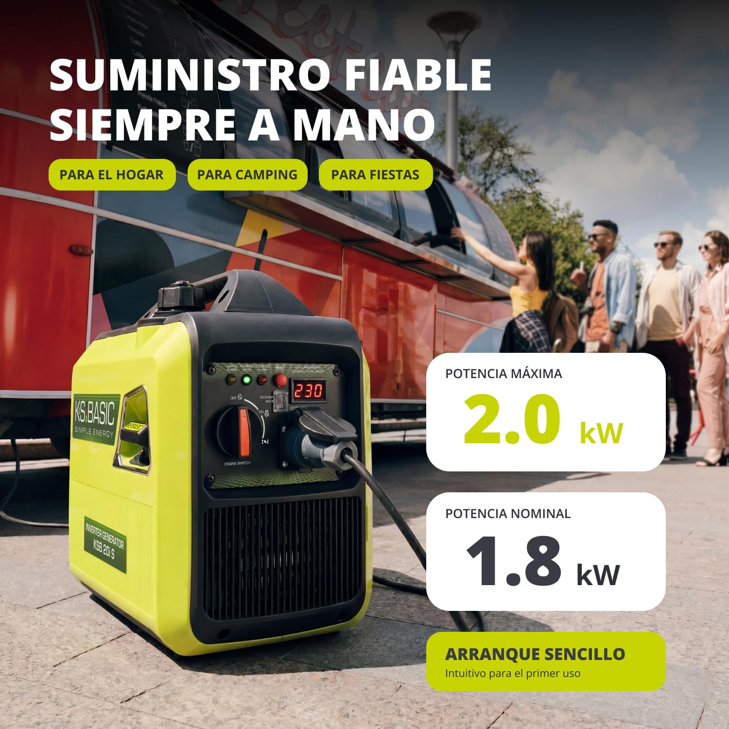 K&S BASIC 20i S Inverter-Generator 2000 W, Notstromaggregat Benzin, Stromaggregat 230V - reiner Sinuswelle, Stromerzeuger mit Eco-Modus, LED-Display, 1,8 kW Nennleistung, tragbar, für Camping, Zuhause