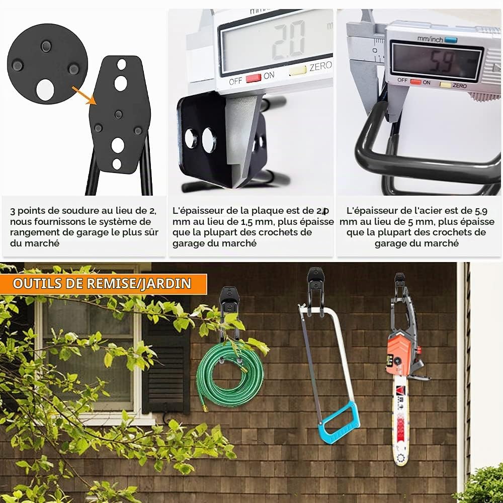 3-H Crochet Mural Garage,Porte Outils Mural en Acier Robuste avec 3 Points de Soudure Renforcés et Revêtement PVC Antidérapant pour Rangement Outils de Jardin,Échelle,Tuyaux et Atelier,Noir,8pcs