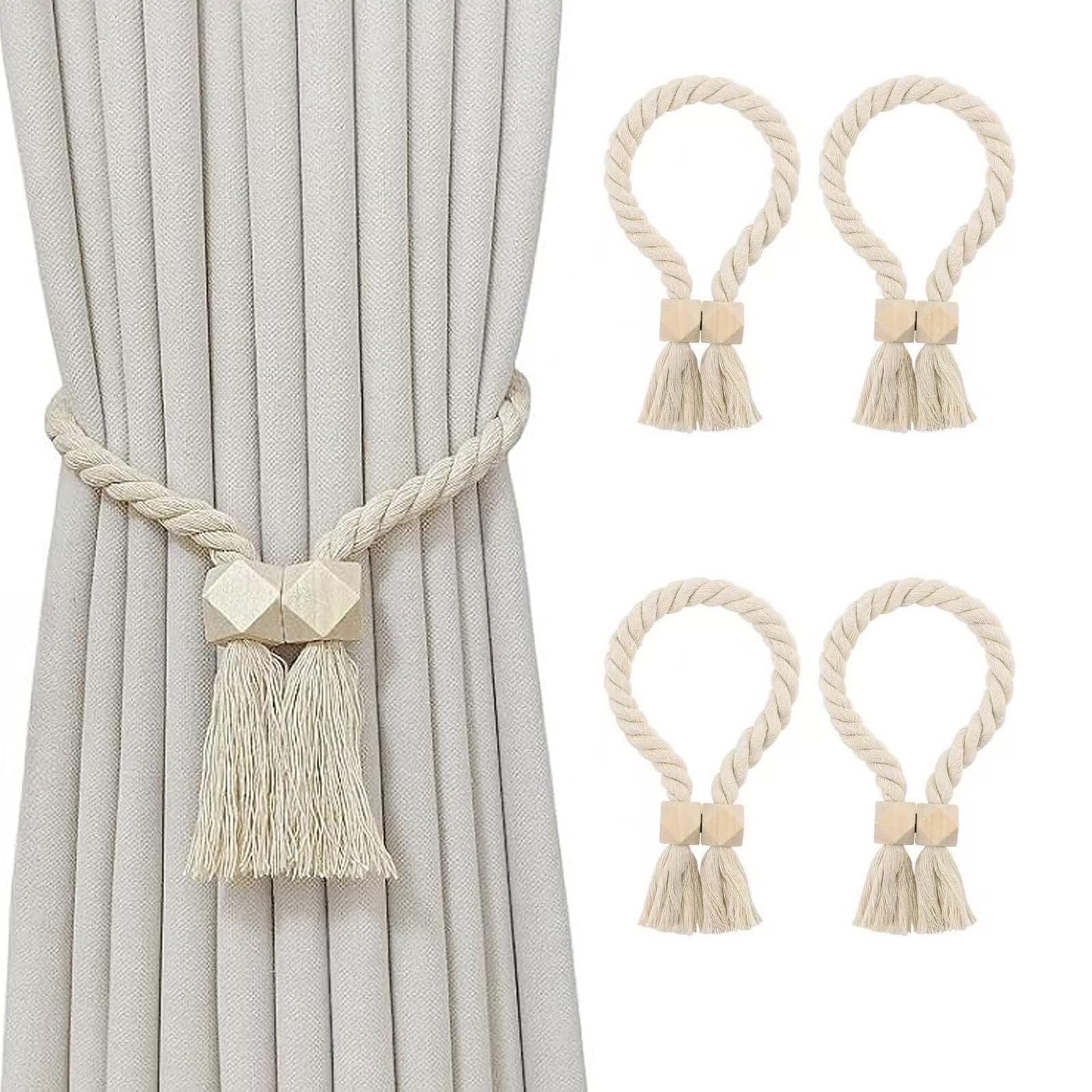 Lot De 4 Embrasses Rideau Magnétiques - Décoration Bohème, Perles En Bois, Coton - 10