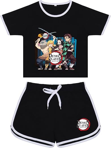 cover n fashion Demon Slayer anime Casual Round Neck Half Sleeve Printed Cotton Crop Top &amp; High Waist Short Set For Girls...
