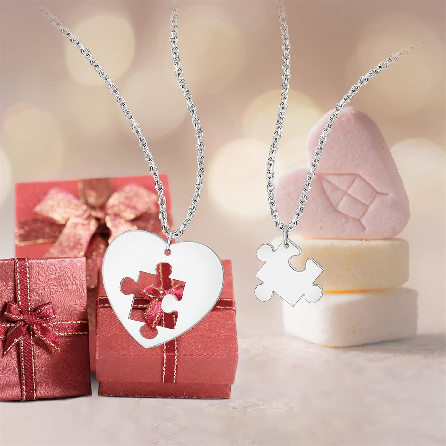 MissNaNa Personalized Couple Name Necklace Puzzle Matching Set Engraved His and Hers Broken 2 Half Piece Heart Pendant Custom Love Valentine's Day Jewelry Gift