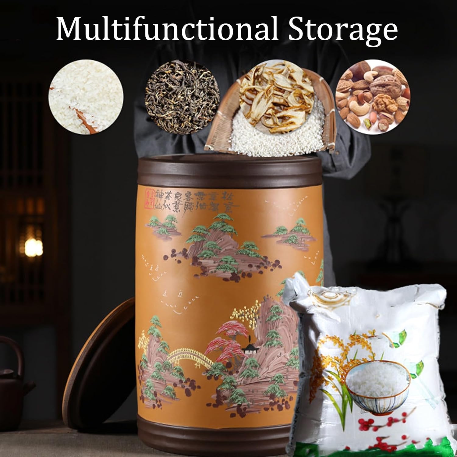 Large Capacity Rice Container, Ceramic Rice Bucket With Lid, Kitchen And Pantry Organization, Household Sealed Storage Tank, Grain Dispenser, For Rice Flour(Black,Capacity: 30 kg)