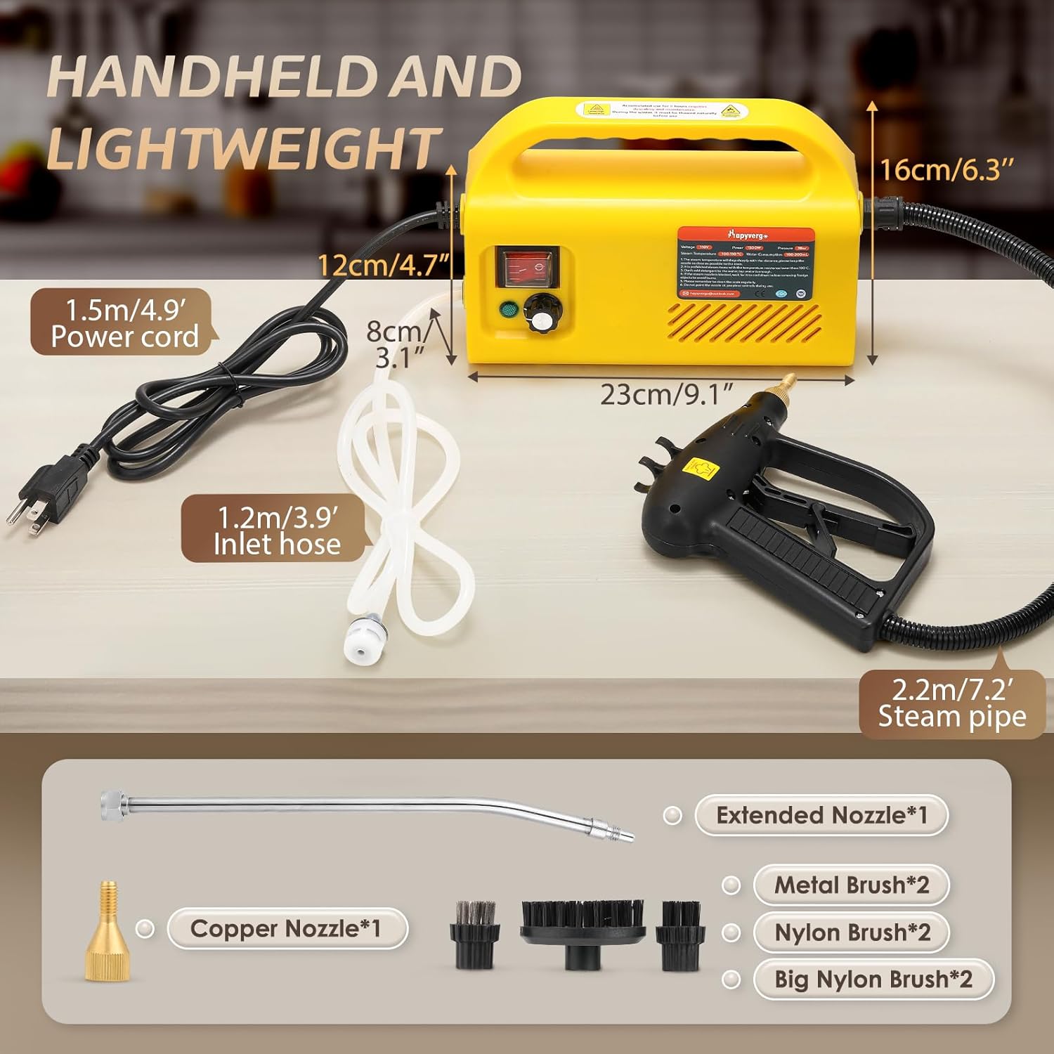 Pressurized Steam Cleaner Tankless, 1500W Handheld Steamer for Cleaning Grout Tile, Hand Held Portable Steam Pressure Washer for Home Kitchen Bathroom Car Auto 110V(Yellow)