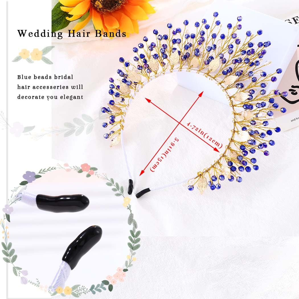 IYOU Halo Wedding Headband Crystal Blue Hair Bands Crown Beads Party Bridal Hair Accessories for Women - Image 3