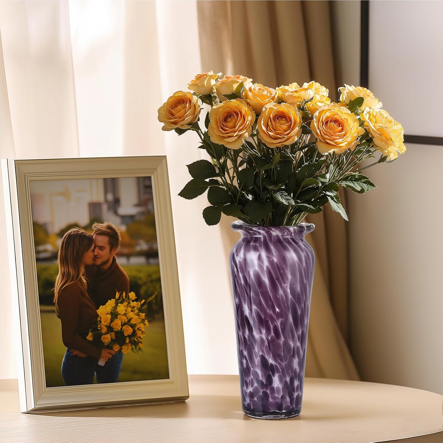 Blown Glass Purple vase, Purple Home Decorations, Modern Art Wide Mouth vase for Living Room Dining Table Coffee Table entryway TV Cabinet nightstand Centerpiece.