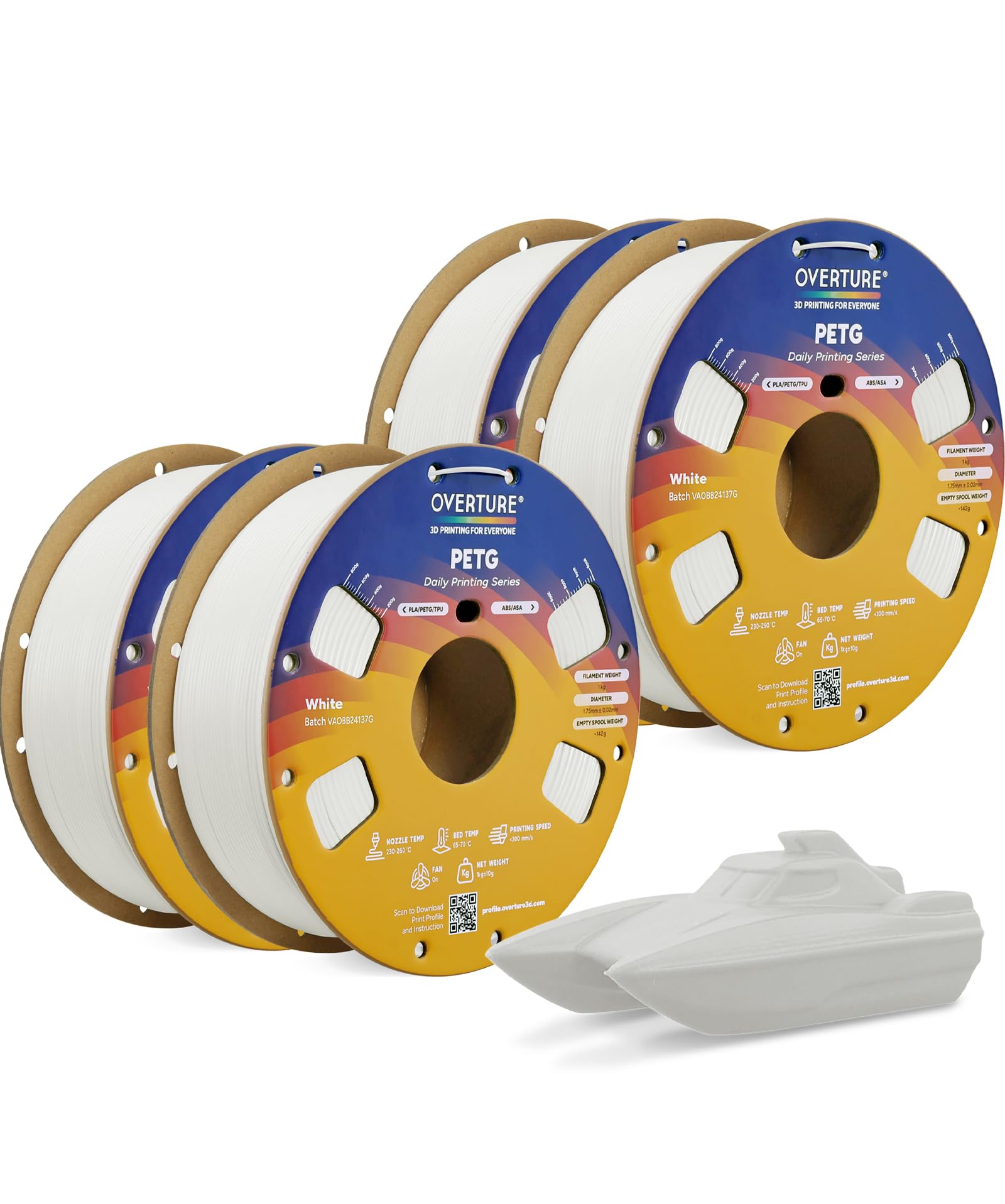 OVERTURE Filamento PETG 1.75mm, 4kg Bobina(8.8lbs), Neatly Wound Rapido PETG Filament per Stampante 3D (Bianco 1kg*4)