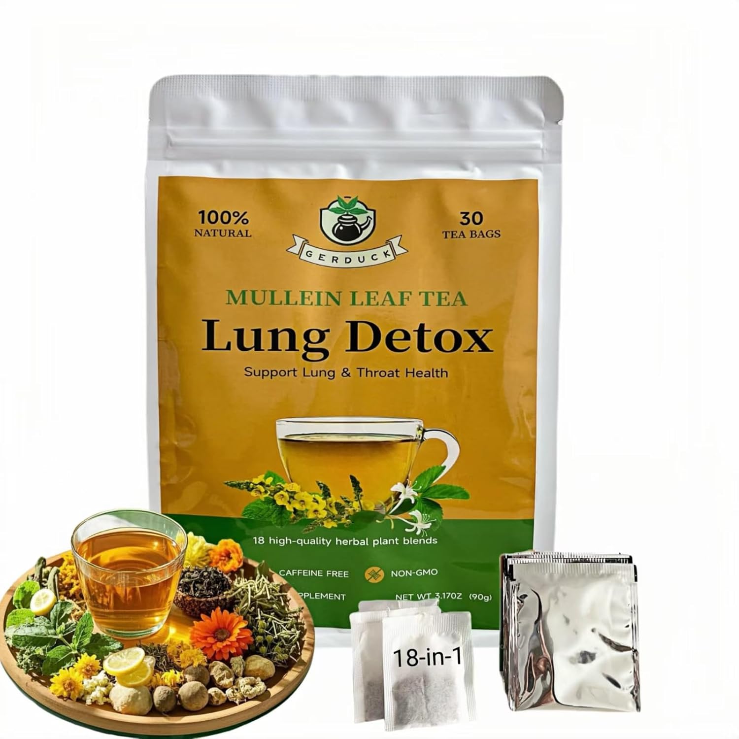 Organic Mullein Detox Tea for Smoker,Breathe Easy,Better Mullen Herbal Tea Supports Lung Health,Respiratory Cleanse,18 Premium Herbs Blend,Caffeine-Free,100% Natural,30 Tea Bags