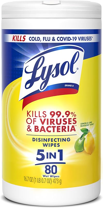 Toallitas desinfectantes Lysol, limpiador multisuperficie, limón, 80 u. | Limpiador multiuso, desinfectante, desodorizante, artículos básicos para apartamentos, artículos de limpieza para el regreso a clases, toallitas para cocina y baño