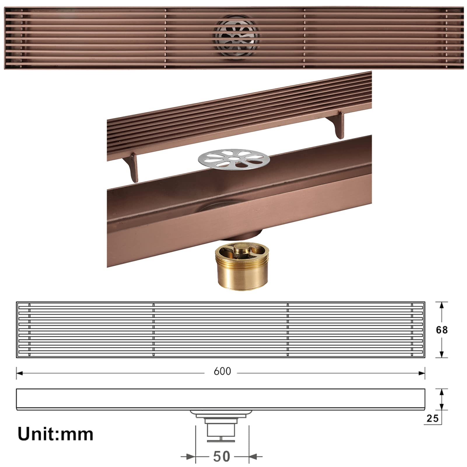 Drain de Sol de Ligne 68x600mm, Drain de Douche en Acier Inoxydable pour Salle de Bain, Filtre à eaux usées avec Couvercle Amovible et vanne en T, Or Rose