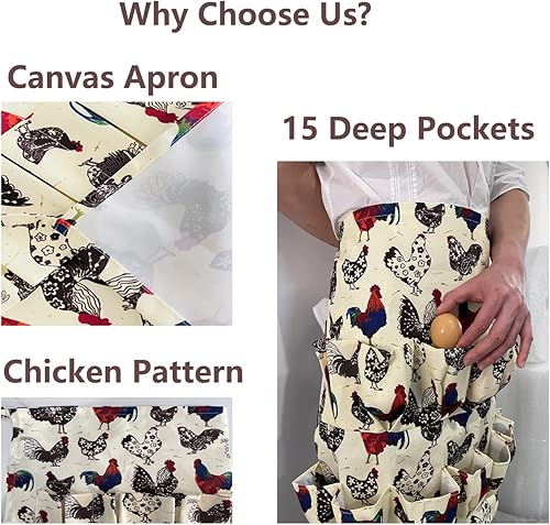 Miniatura 3 de NahNah Delantal de recolección de huevos, 15 bolsillos profundos para huevos de gallina, pato, ganso, delantal de lona duradera