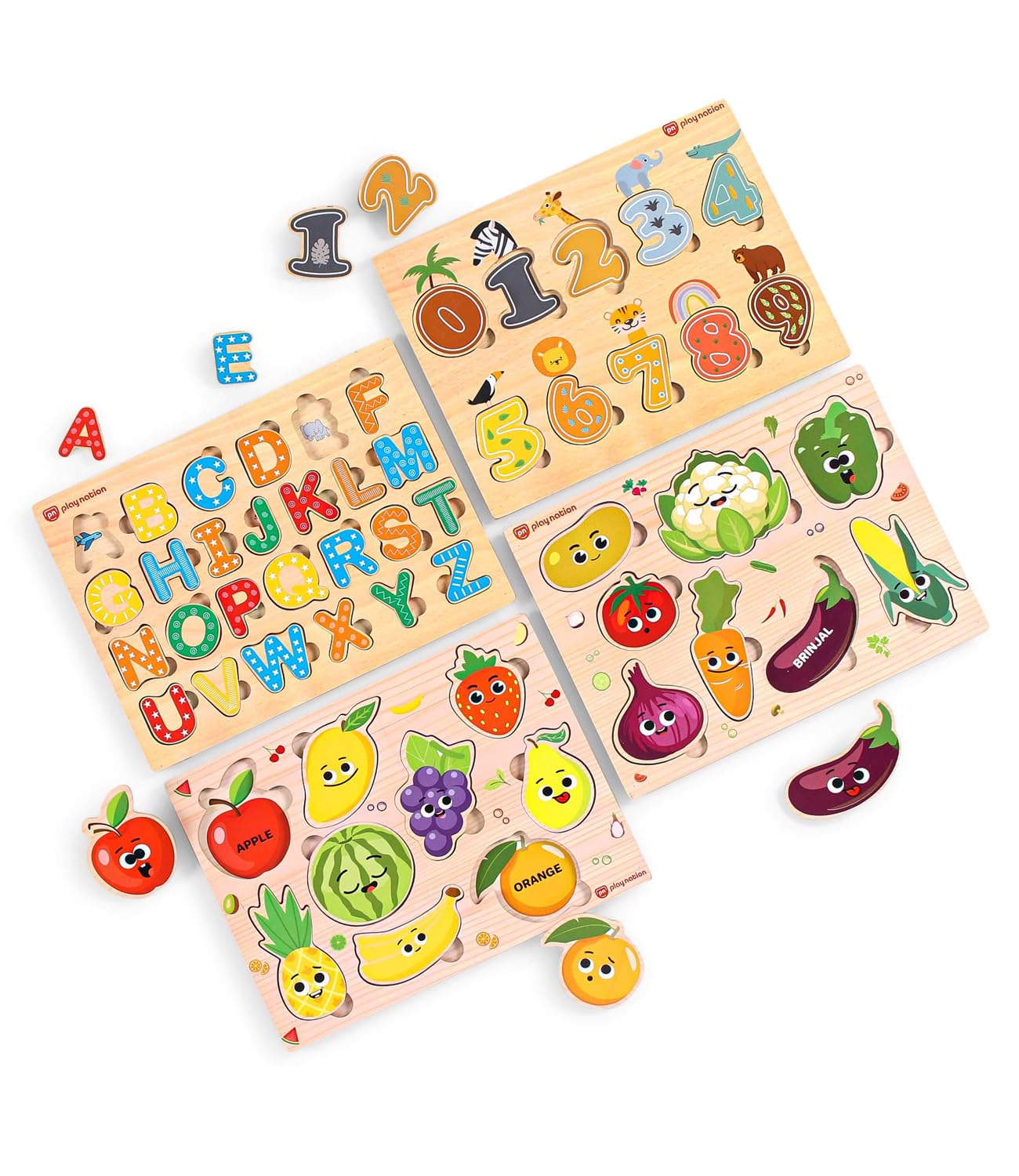 Play Nation Premium 4 in 1 Wooden Puzzle for Kids,Educational Puzzle for 2+ Years Boys/Girls,Fun Brain Teaser Puzzle for Kids,Early Learning Toys,Alphabets,Numbers,Birthday Gift (Fruits&Vegetables)-image-29
